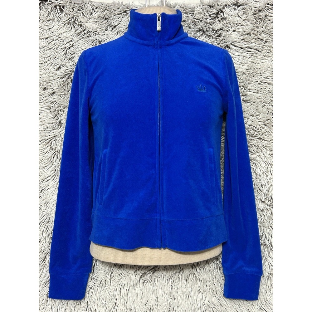 Vtg Juicy Couture Track Jacket Terry Cloth XS Y2K Blue Splash Crown‎ Logo Zip Up